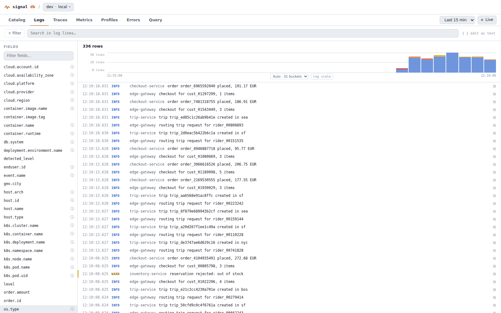 SignalDB Explore UI showing live logs from two services with level colors, a volume histogram, and a fields sidebar