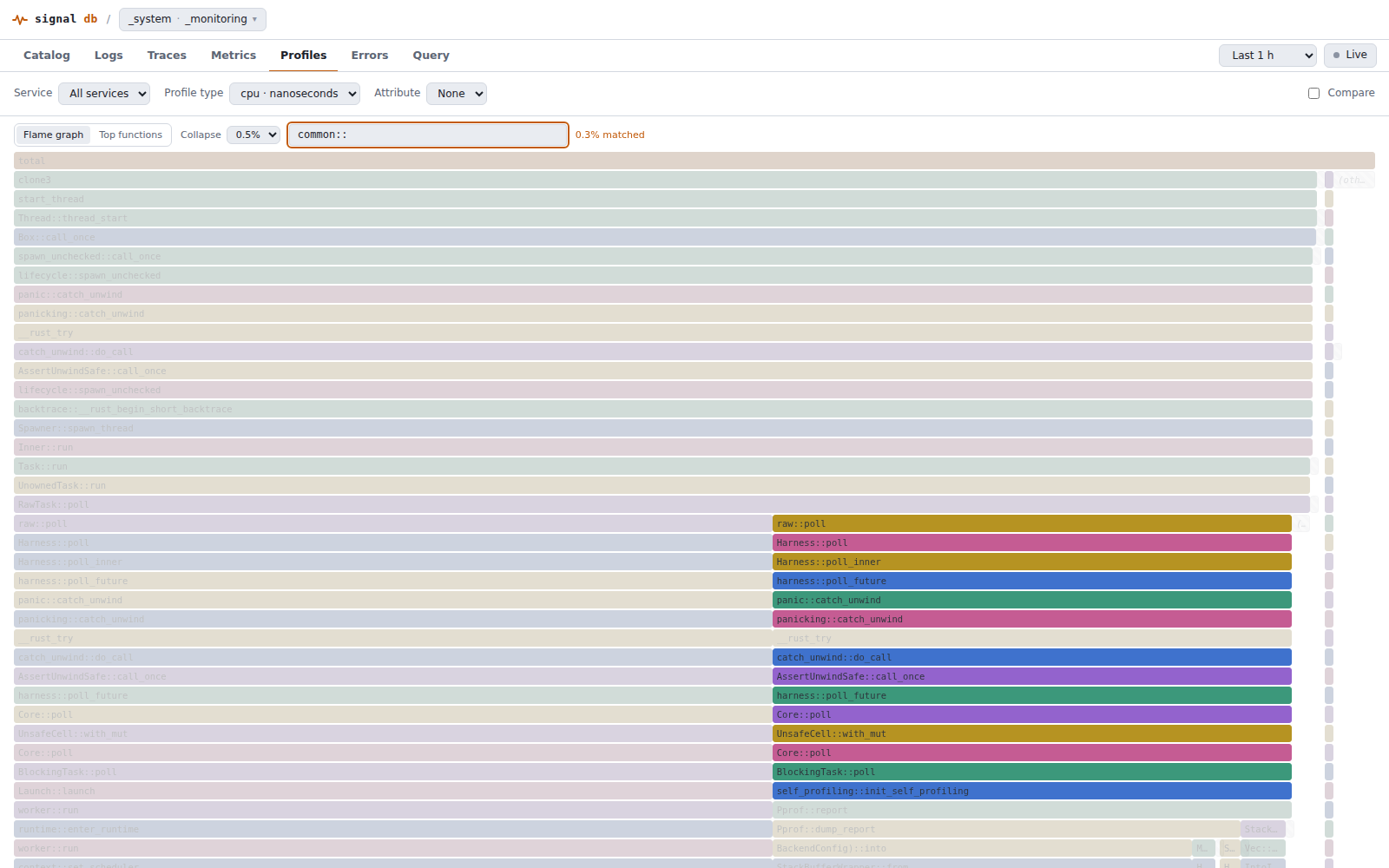 Explore UI profiles flame graph with the highlight box narrowing a CPU profile to SignalDB's own frames