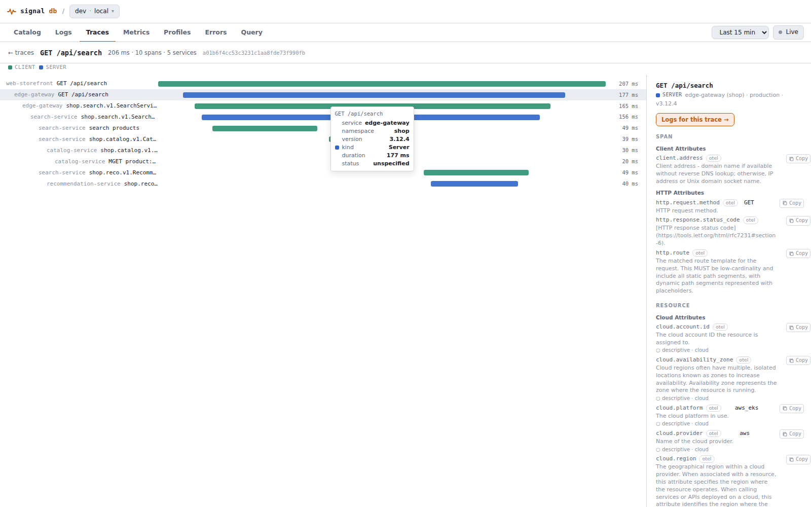 Explore UI trace waterfall with span details and a link to correlated logs