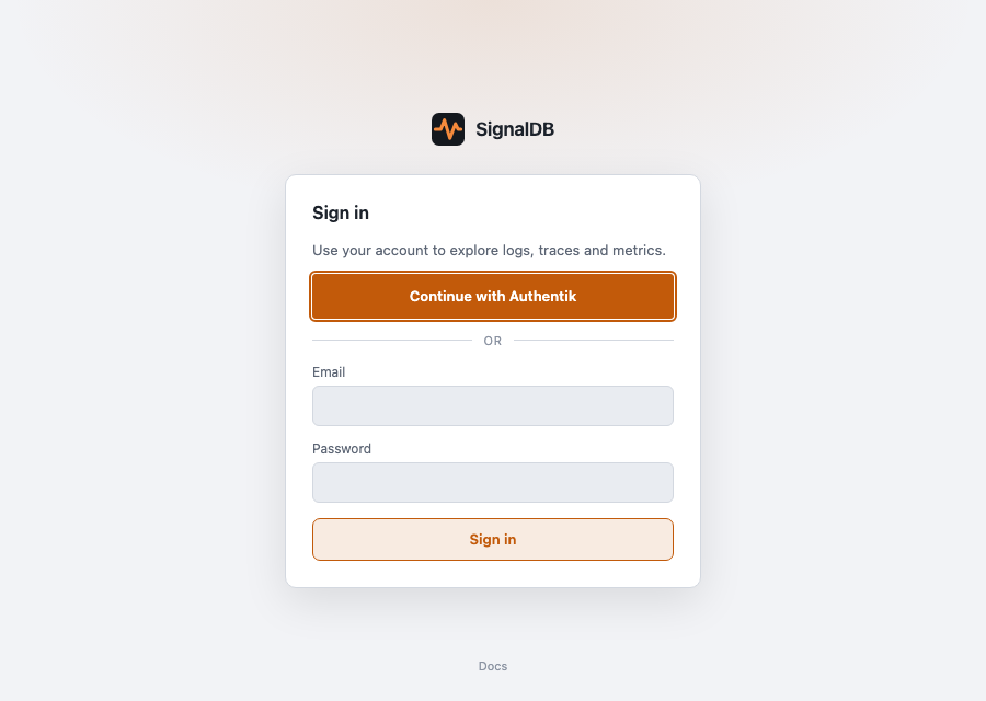 The standalone login page offering single sign-on above the email and password form